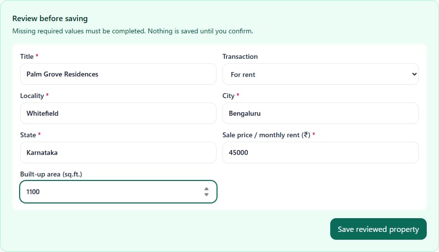 RakuMatch AI extracted-fields screen with fictional Whitefield rental details ready to check before saving